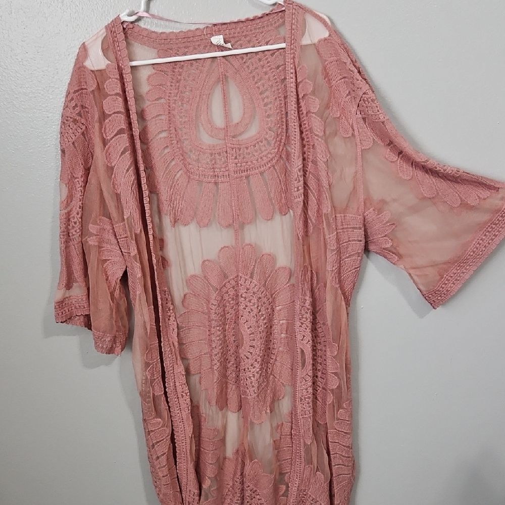 Blush Pink Crochet Lace Kimono Cover-Up